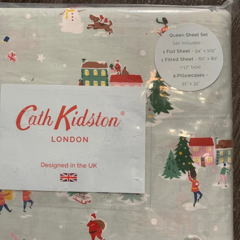 Cath Kidston Queen Sheet Set Snow Day Christmas Village Scene Cotton Holiday New